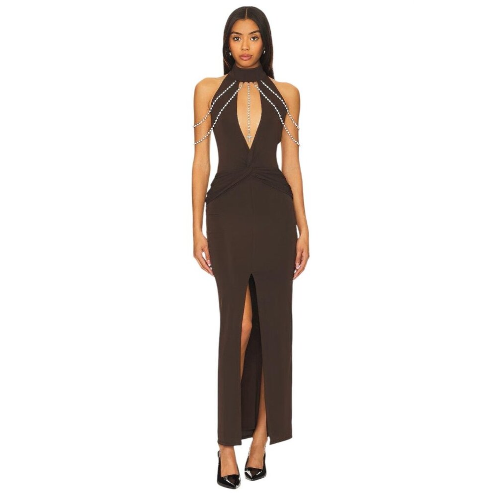 LOBA Debora Pearl Maxi Dress in Chocolate Brown Large New Womens Gown